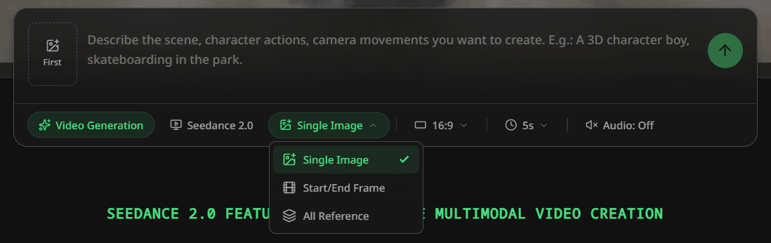 Seedance 2.0 Input Control Section